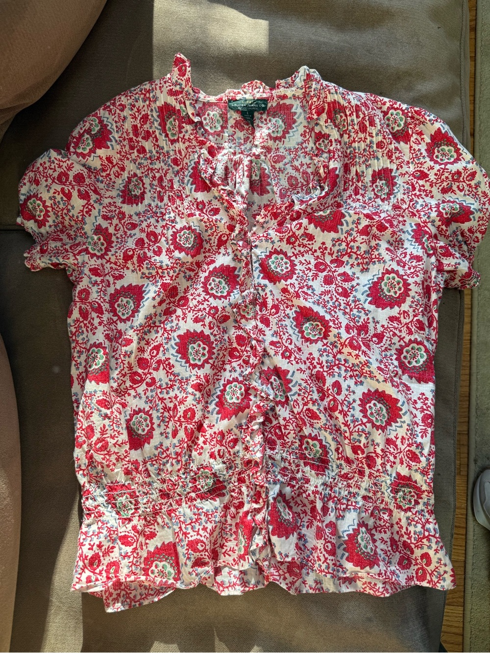 Ralph Lauren White and Red Floral Ruffle Front Blouse